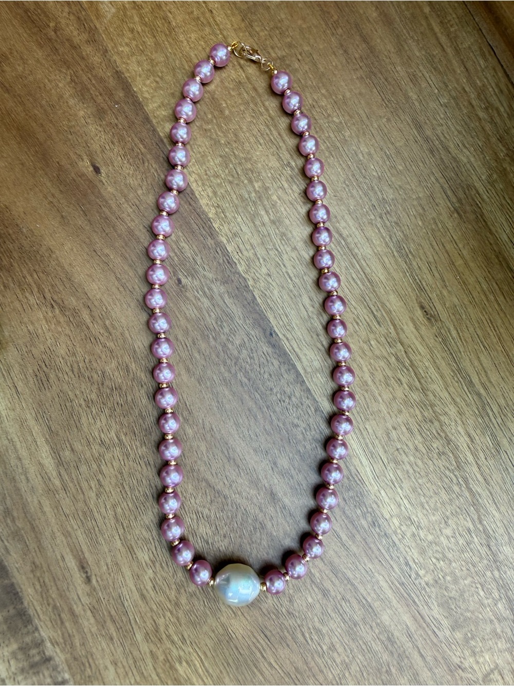 Purple Faux Pearl & Gold Beaded Necklace – 18” with Large Baroque Faux Pearl - Picture 4 of 7